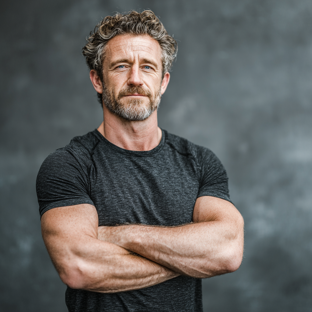 Confident mature man in athletic wear standing with arms crossed, looking determined and focused on his fitness goals