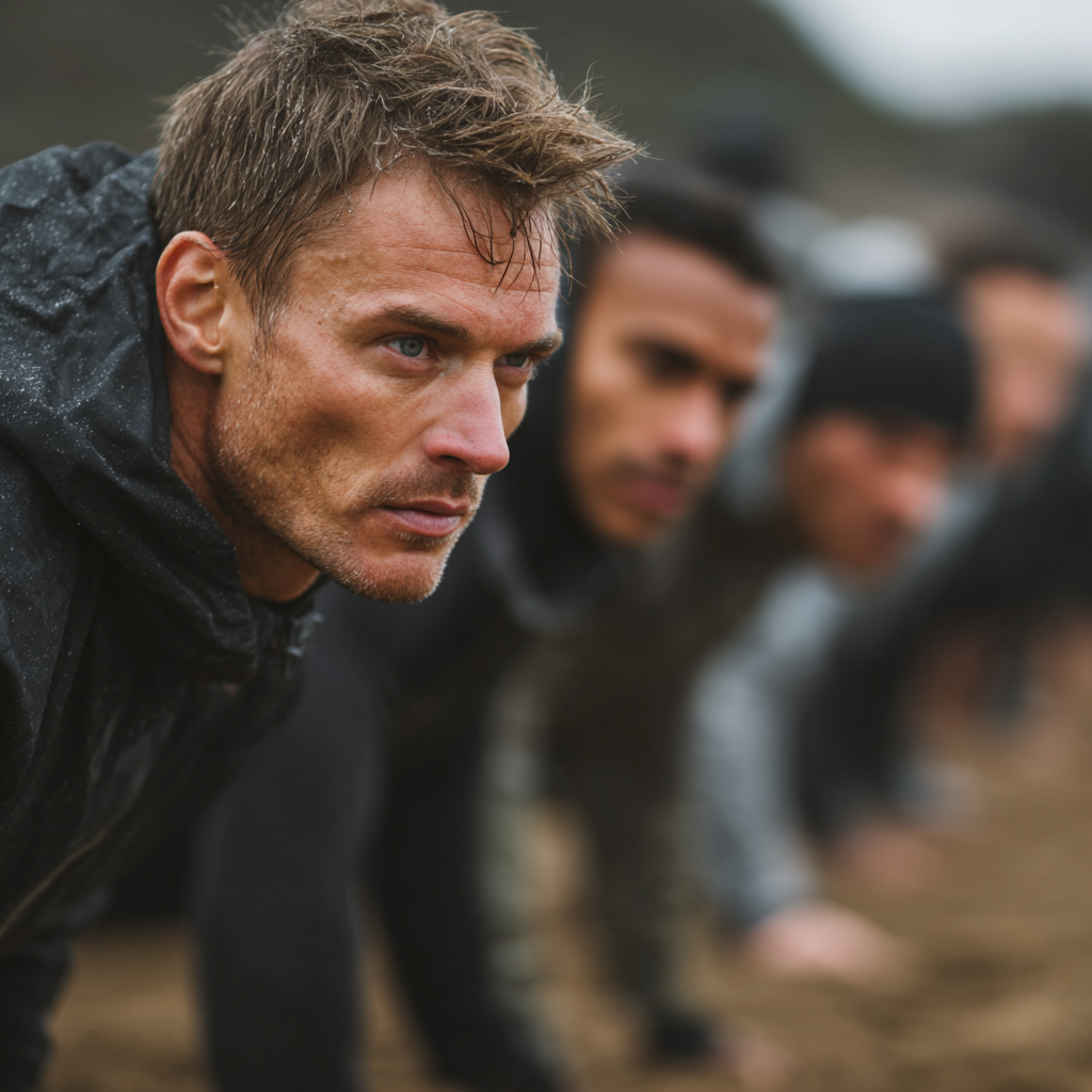 Group of motivated men participating in intensive outdoor training session, showing teamwork and determination