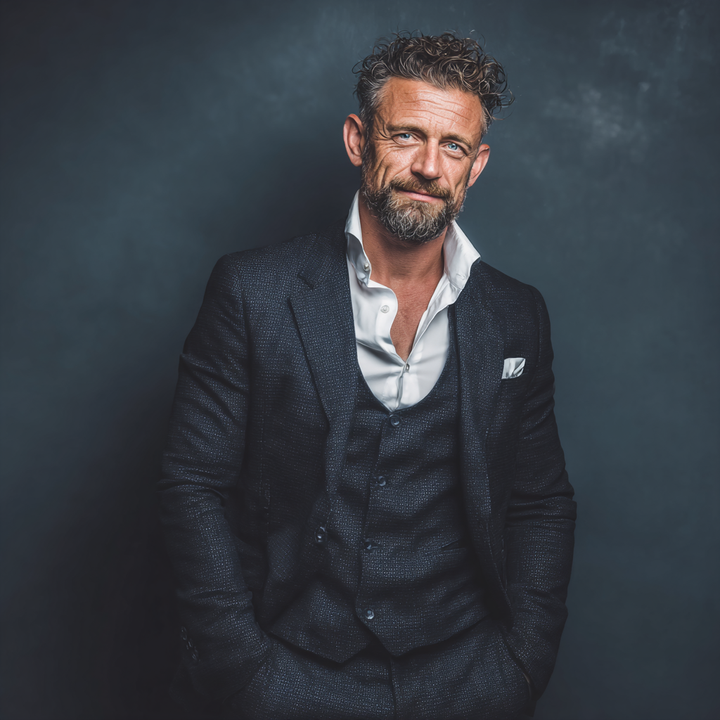 Successful businessman in his 40s after completing fitness transformation program, looking confident and energetic in business attire